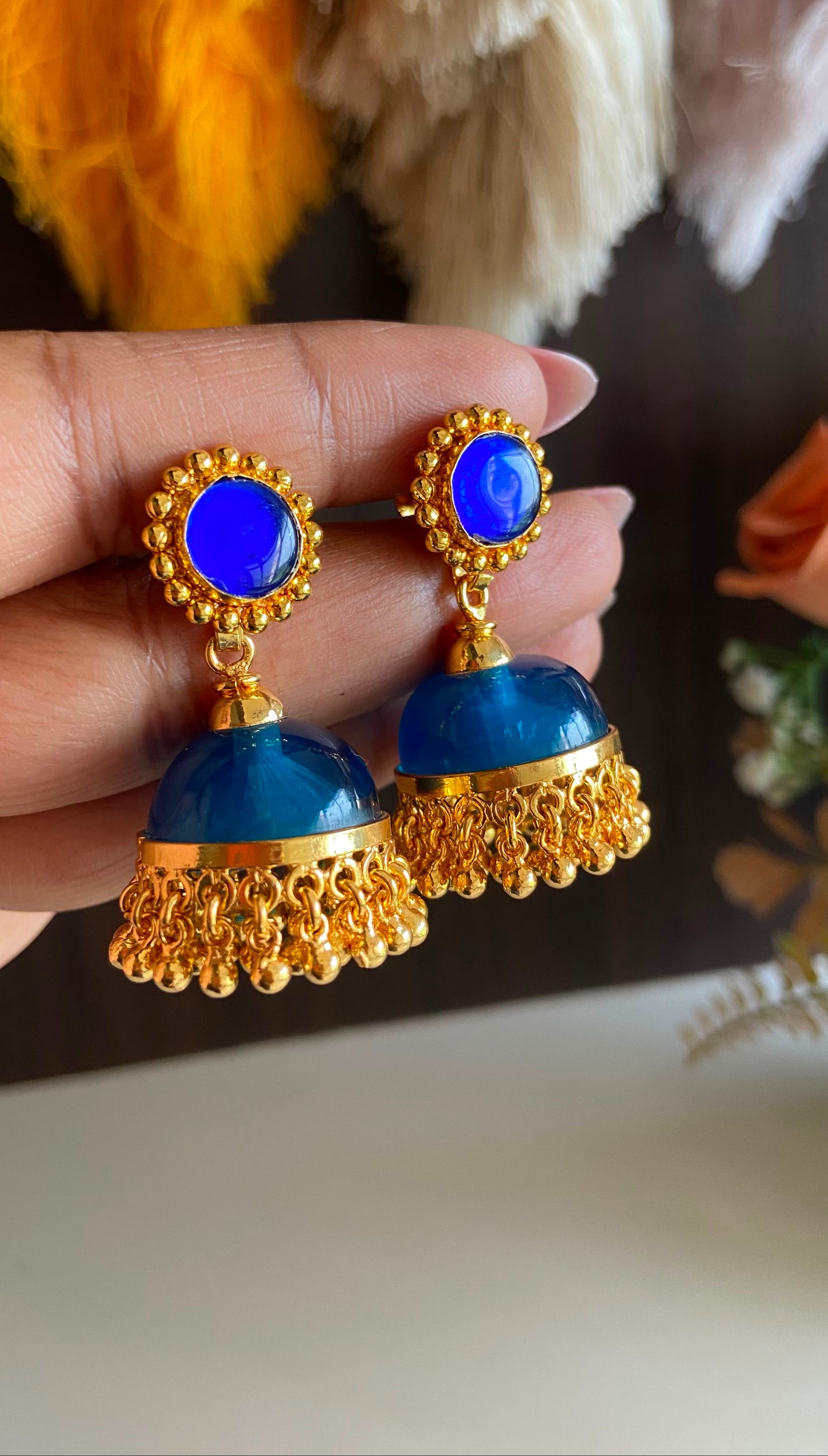 Gold Plated Peacock Blue Glass Stone Jumka