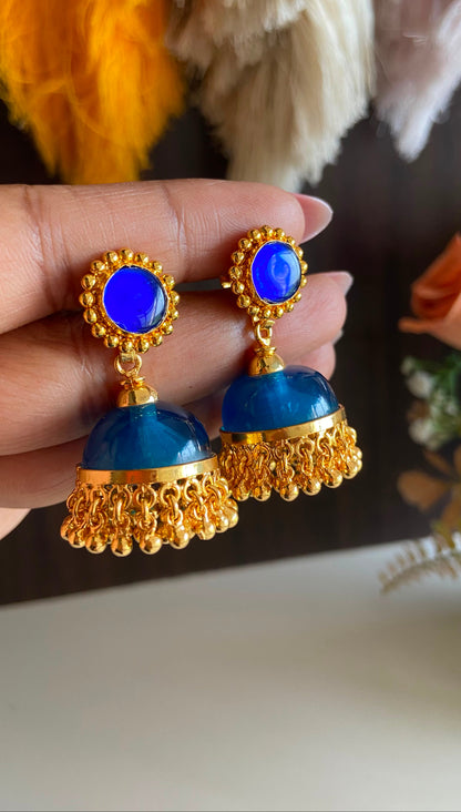 Gold Plated Peacock Blue Glass Stone Jumka