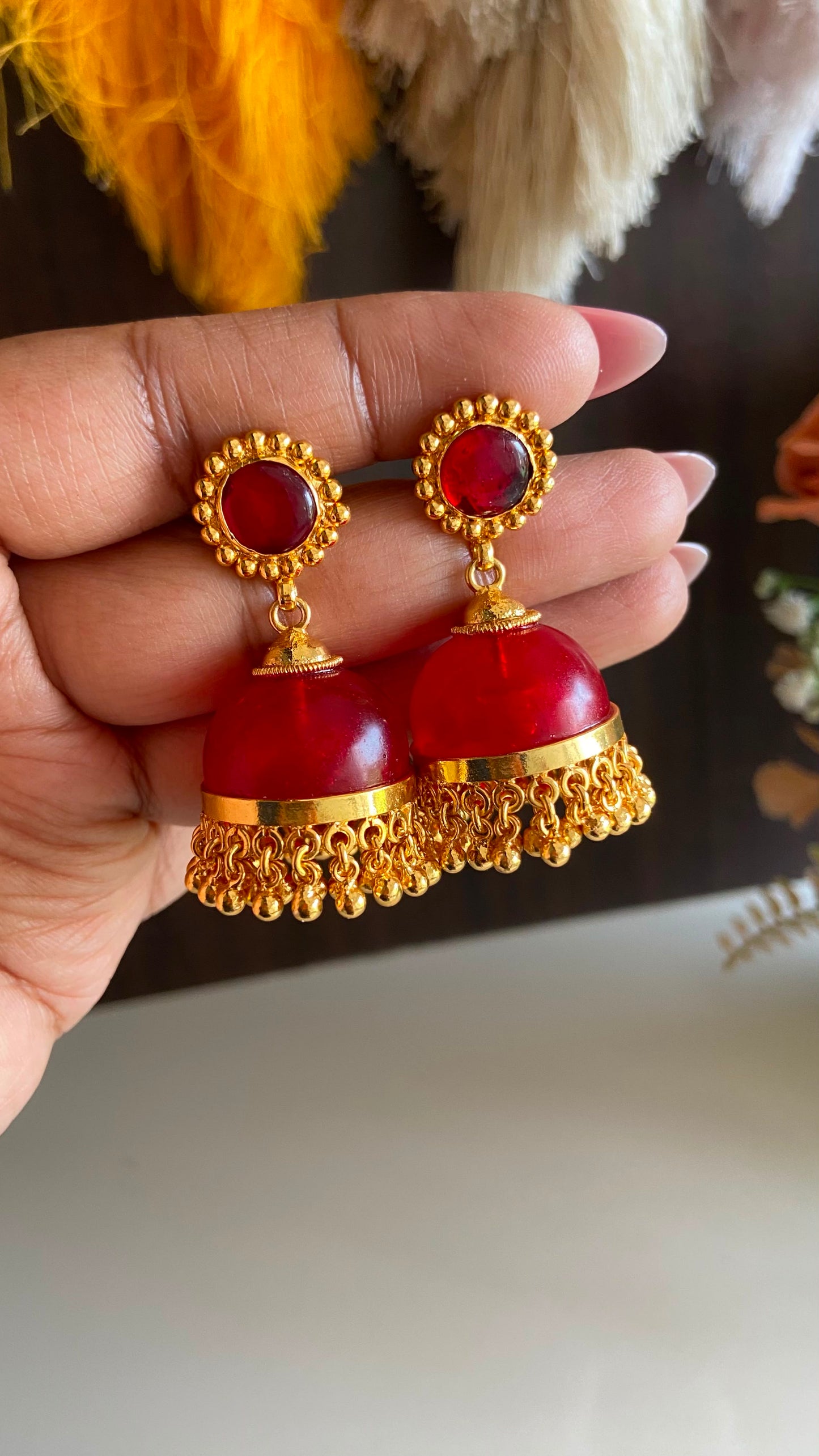 Gold Plated Red Glass Stone Jumka