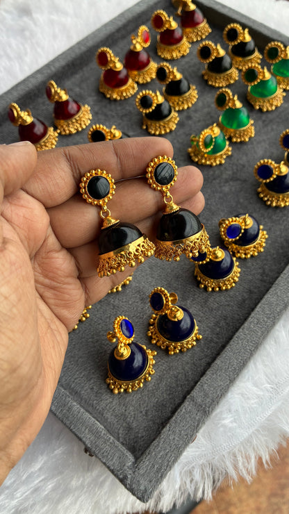 Gold Plated Black Glass Stone Jumka