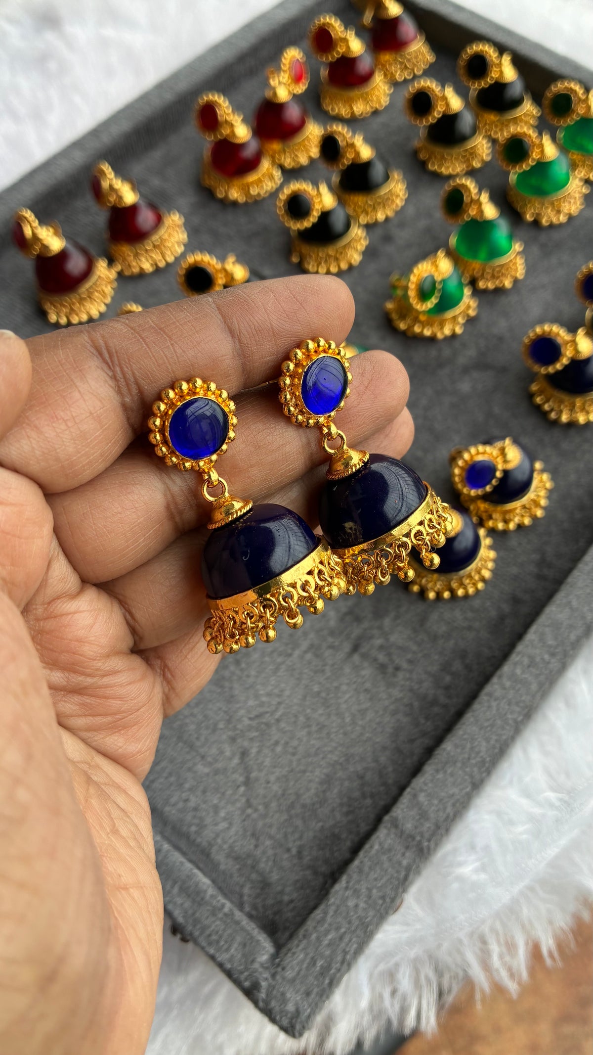 Gold Plated Blue Glass Stone Jumka