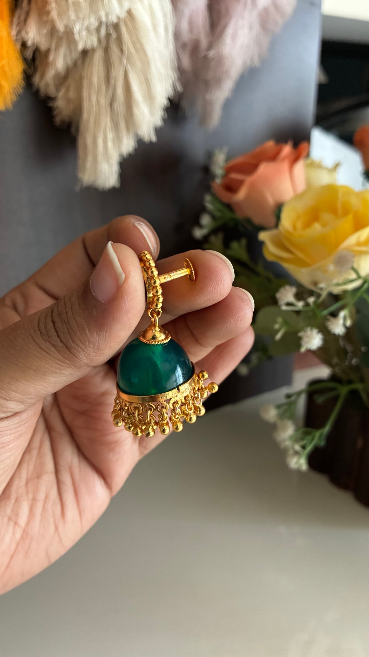 Gold Plated Green Glass Stone Jumka