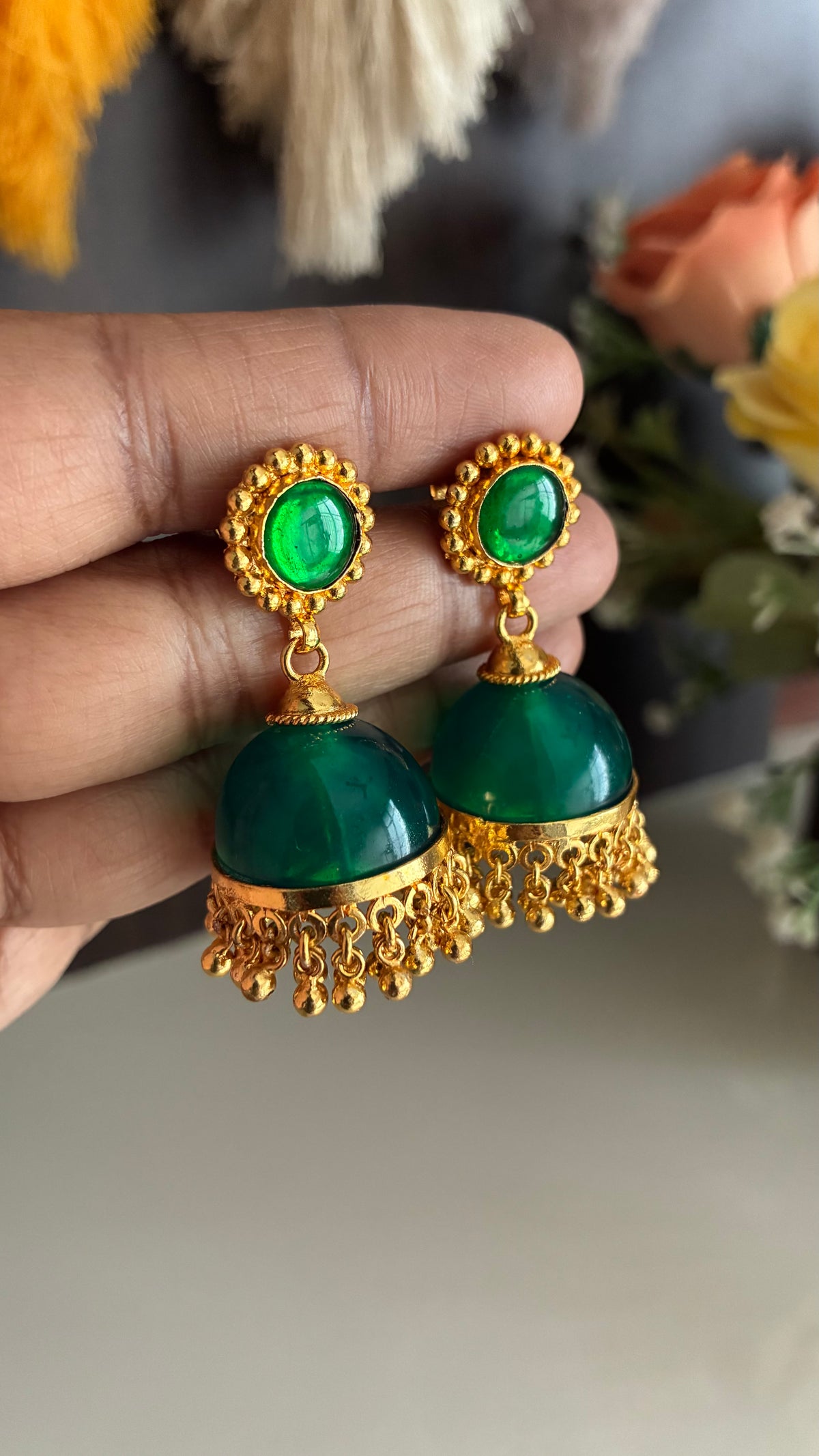 Gold Plated Green Glass Stone Jumka