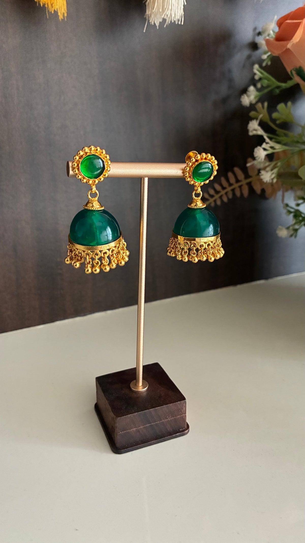 Gold Plated Green Glass Stone Jumka