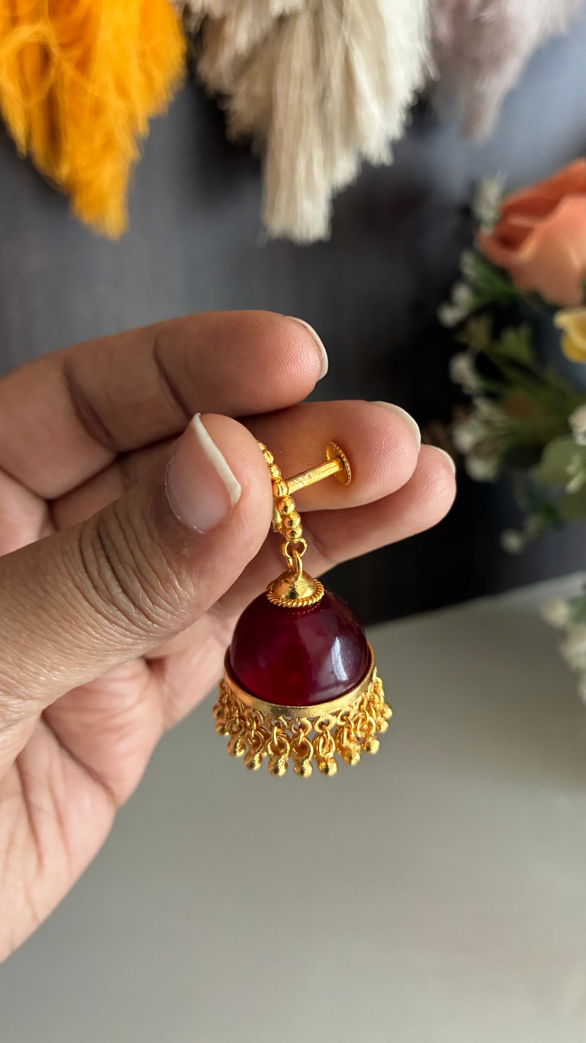 Gold Plated Red Glass Stone Jumka