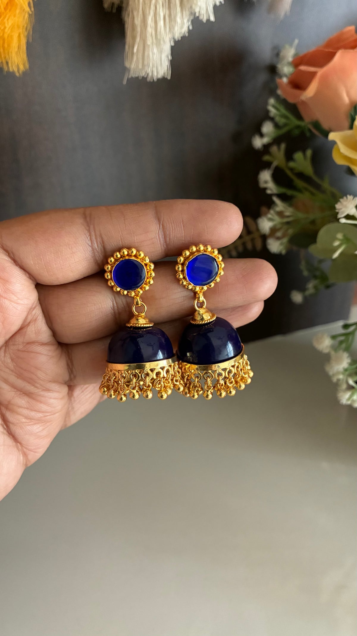 Gold Plated Blue Glass Stone Jumka