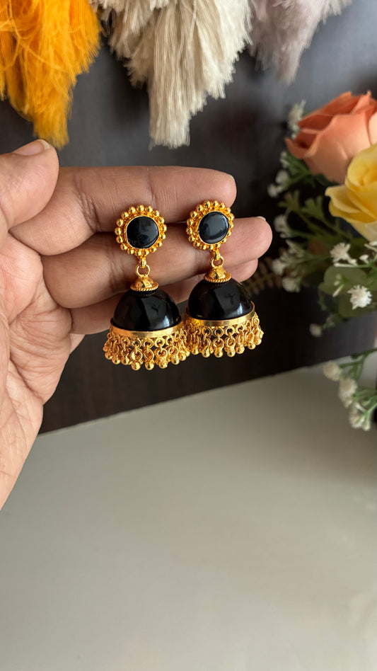 Gold Plated Black Glass Stone Jumka