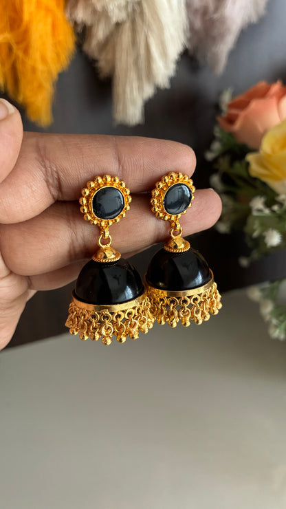 Gold Plated Black Glass Stone Jumka