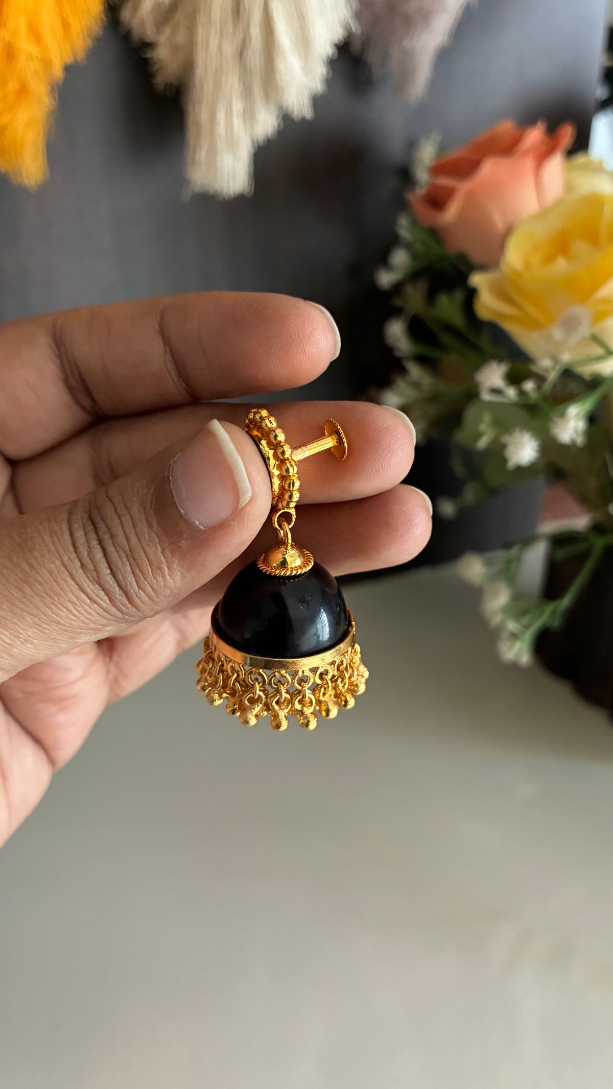 Gold Plated Black Glass Stone Jumka