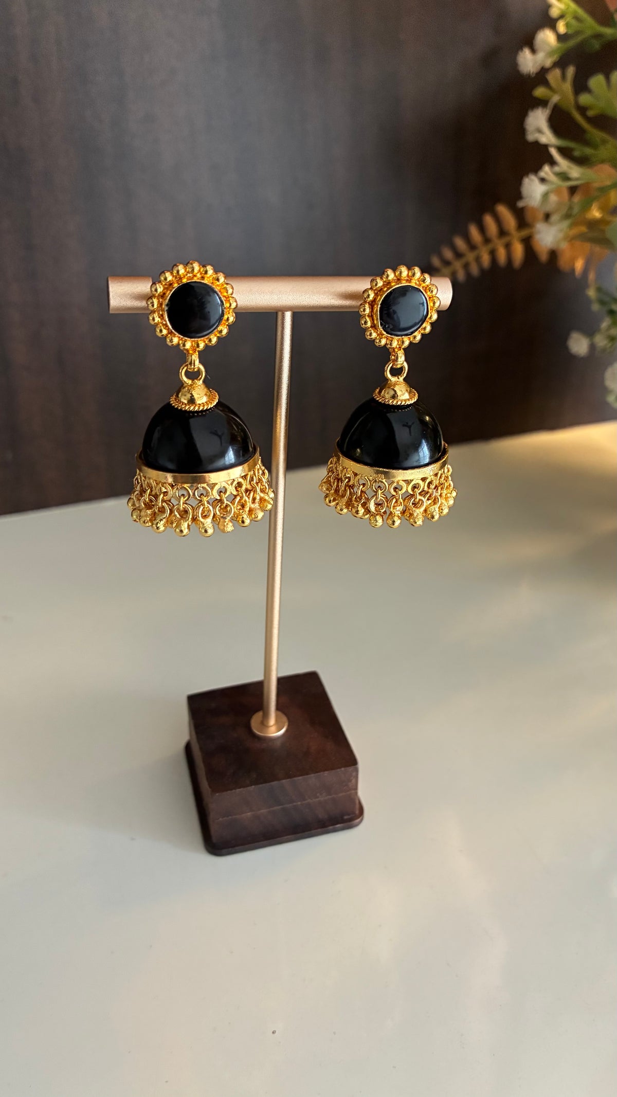 Gold Plated Black Glass Stone Jumka
