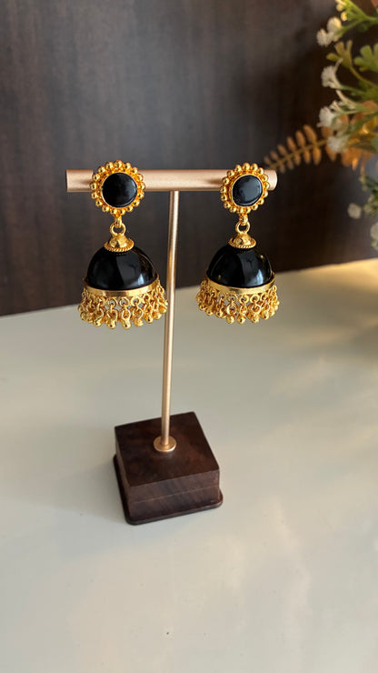 Gold Plated Black Glass Stone Jumka